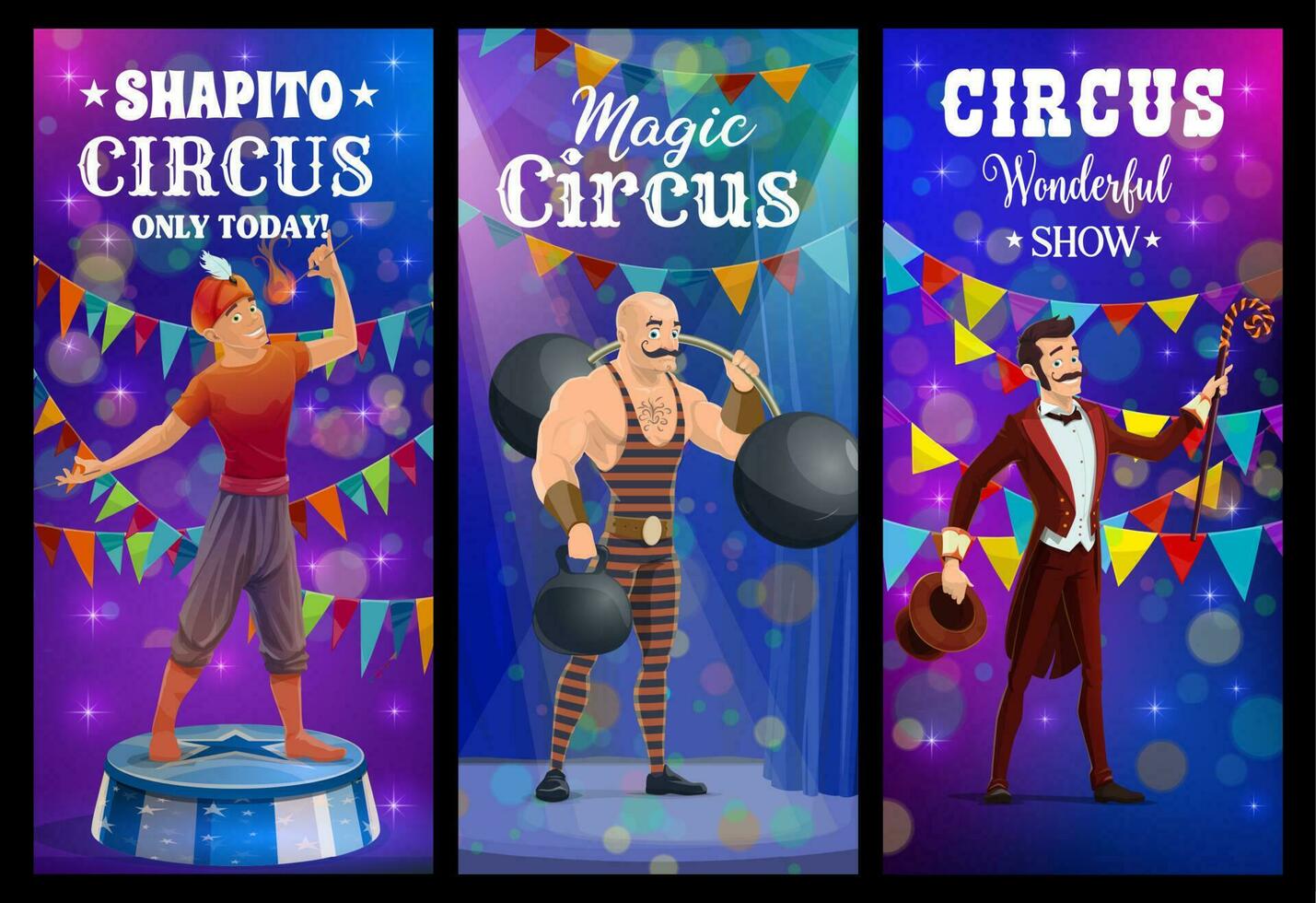 shapito circus brand eter, sterke man en goochelaar vector