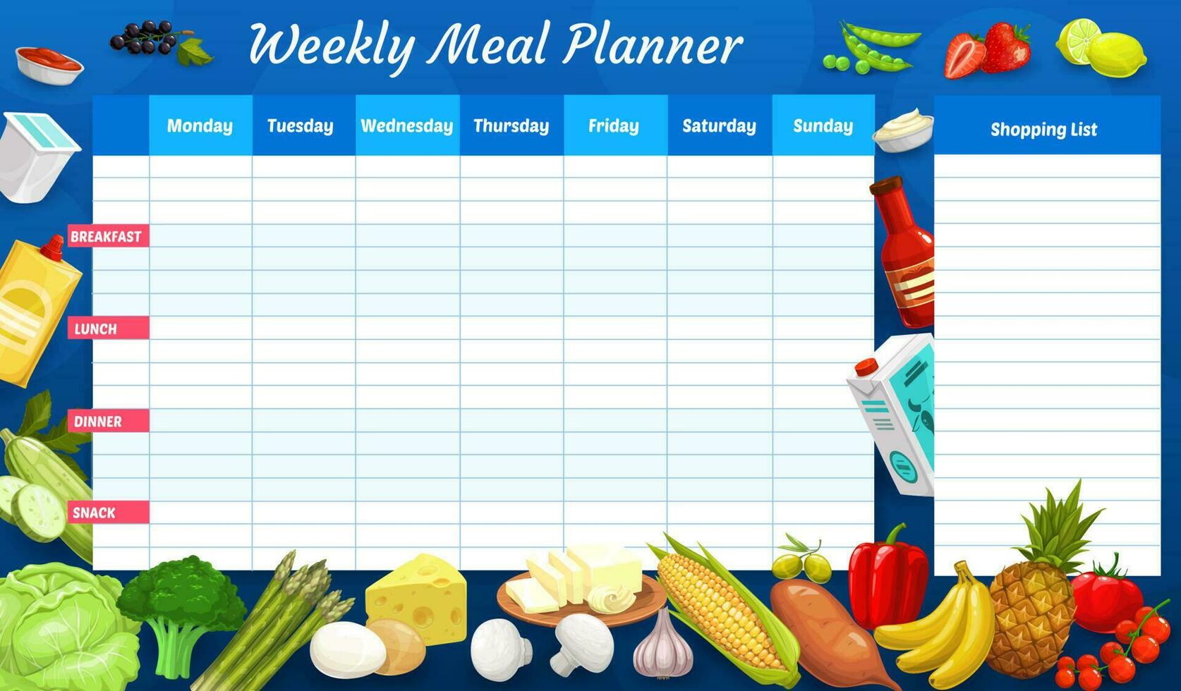 wekelijks maaltijd planner, rooster, week voedsel plan vector