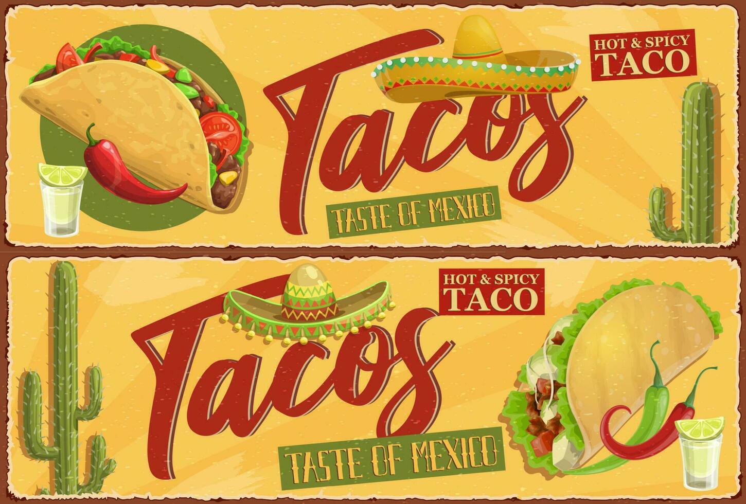 heet en pittig Mexicaans taco's retro vector banier