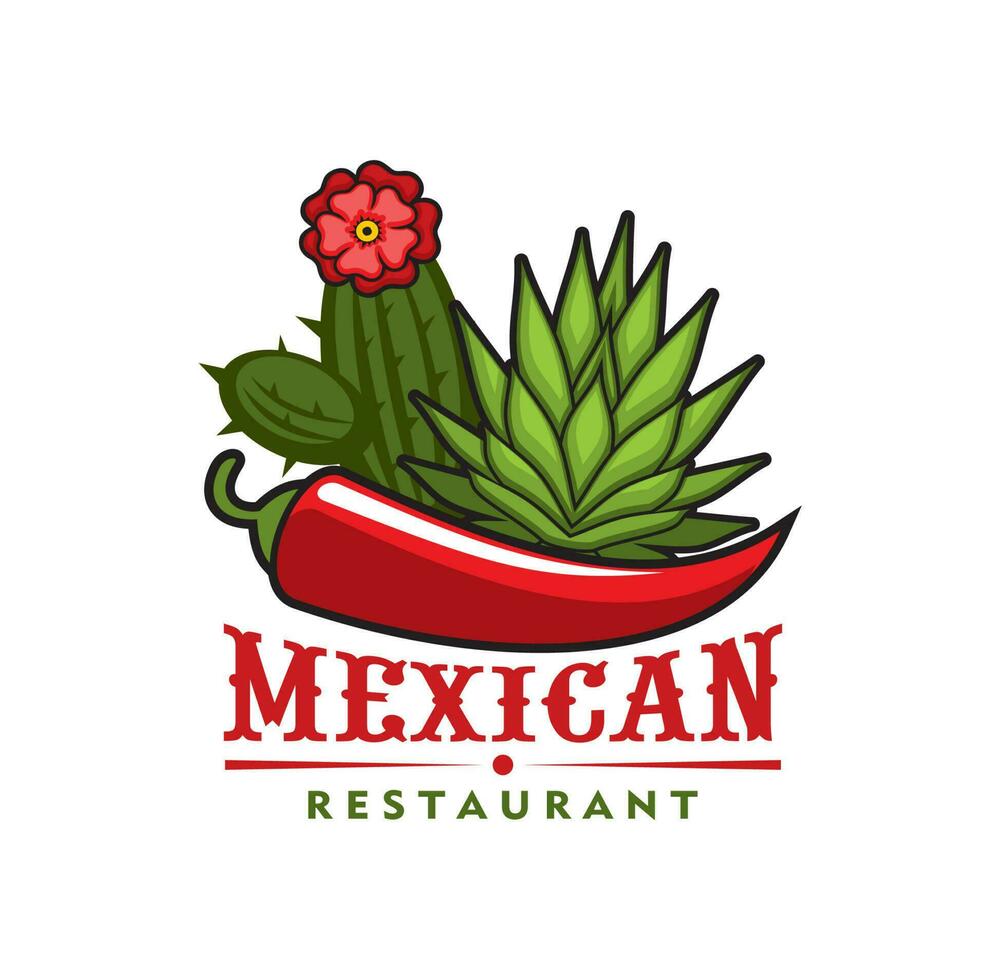 Mexicaans restaurant icoon, rood peper, agave cactus vector