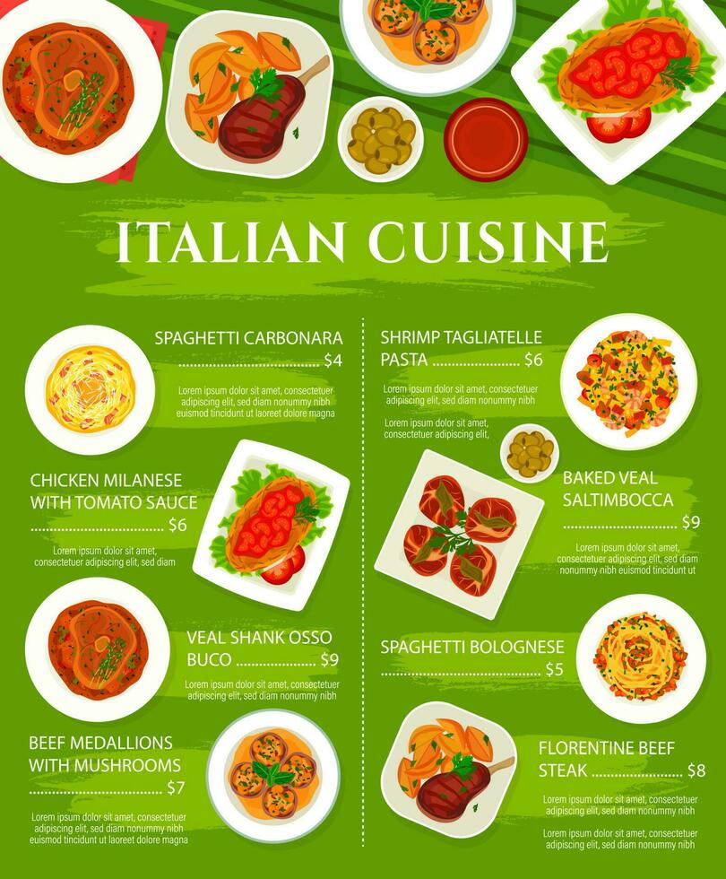 Italiaans keuken voedsel pasta menu, Italië restaurant vector