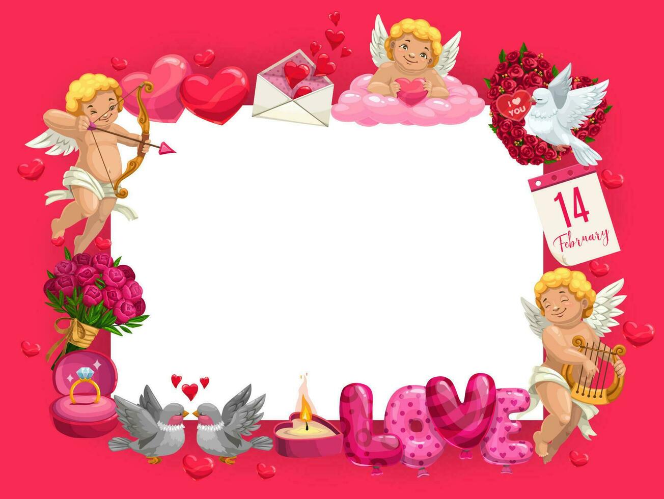 valentijnsdag dag kader van harten, cupido's en cadeaus vector