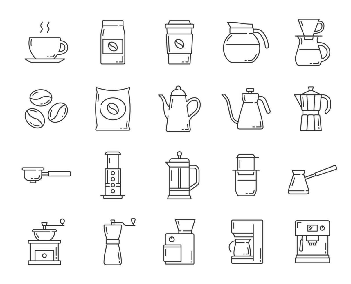 koffie drinken accessoires dun lijn vector pictogrammen