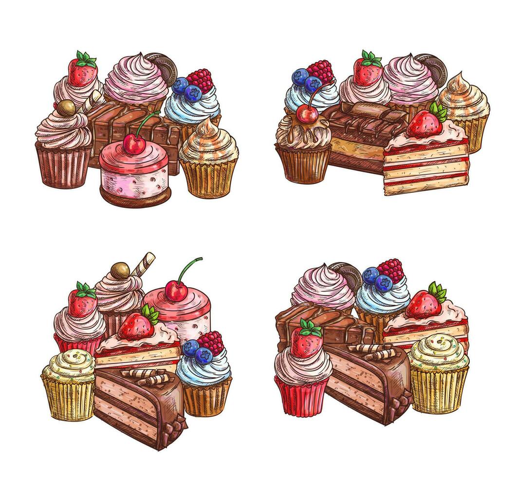 cakes desserts schetsen, zoet chocola cupcakes vector