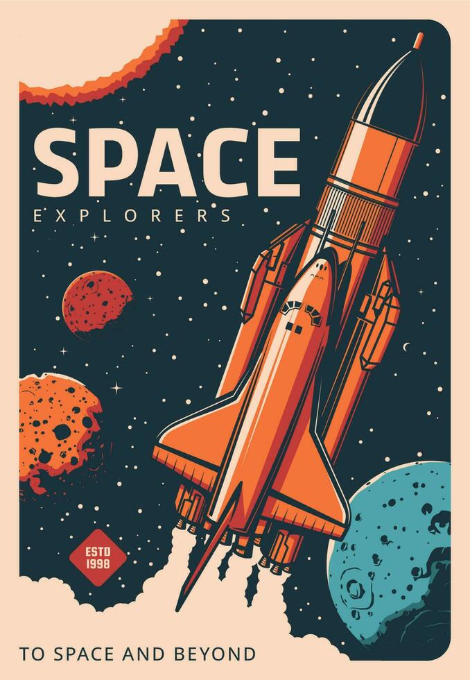 shuttle ruimteschip in heelal retro vector poster