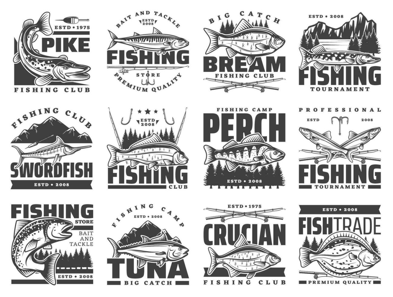visvangst sport, vrije tijd pictogrammen, visser vis haken vector