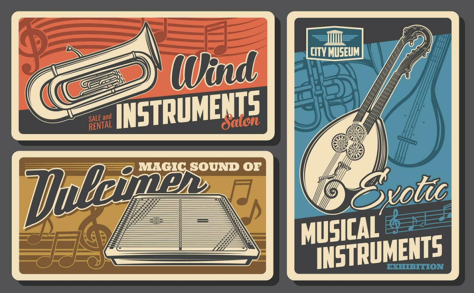 musical instrumenten museum en salon retro posters vector