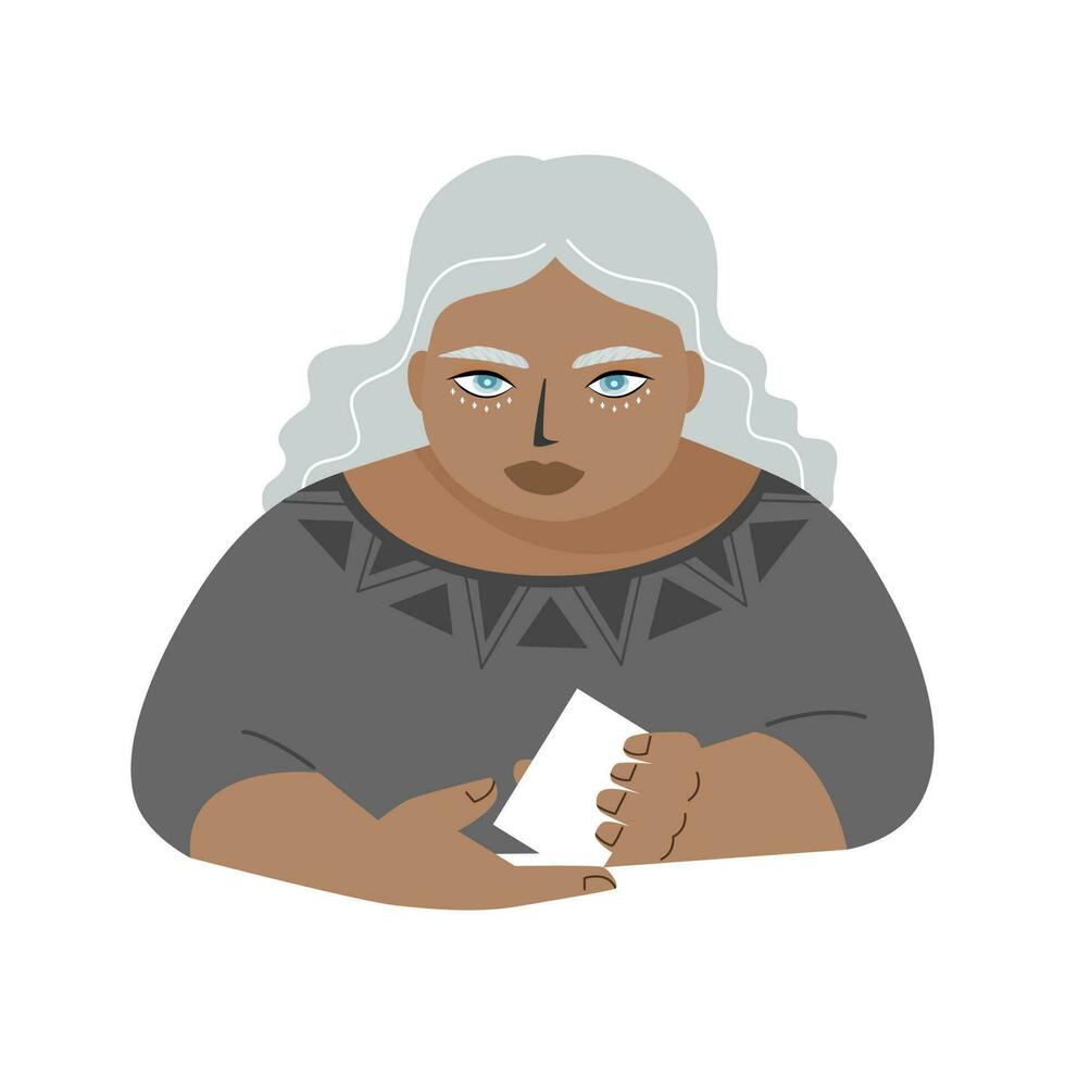 geïsoleerd van tarot kaart lezers Holding een blanco kaart. zigeuner vrouw vlak vector illustratie.