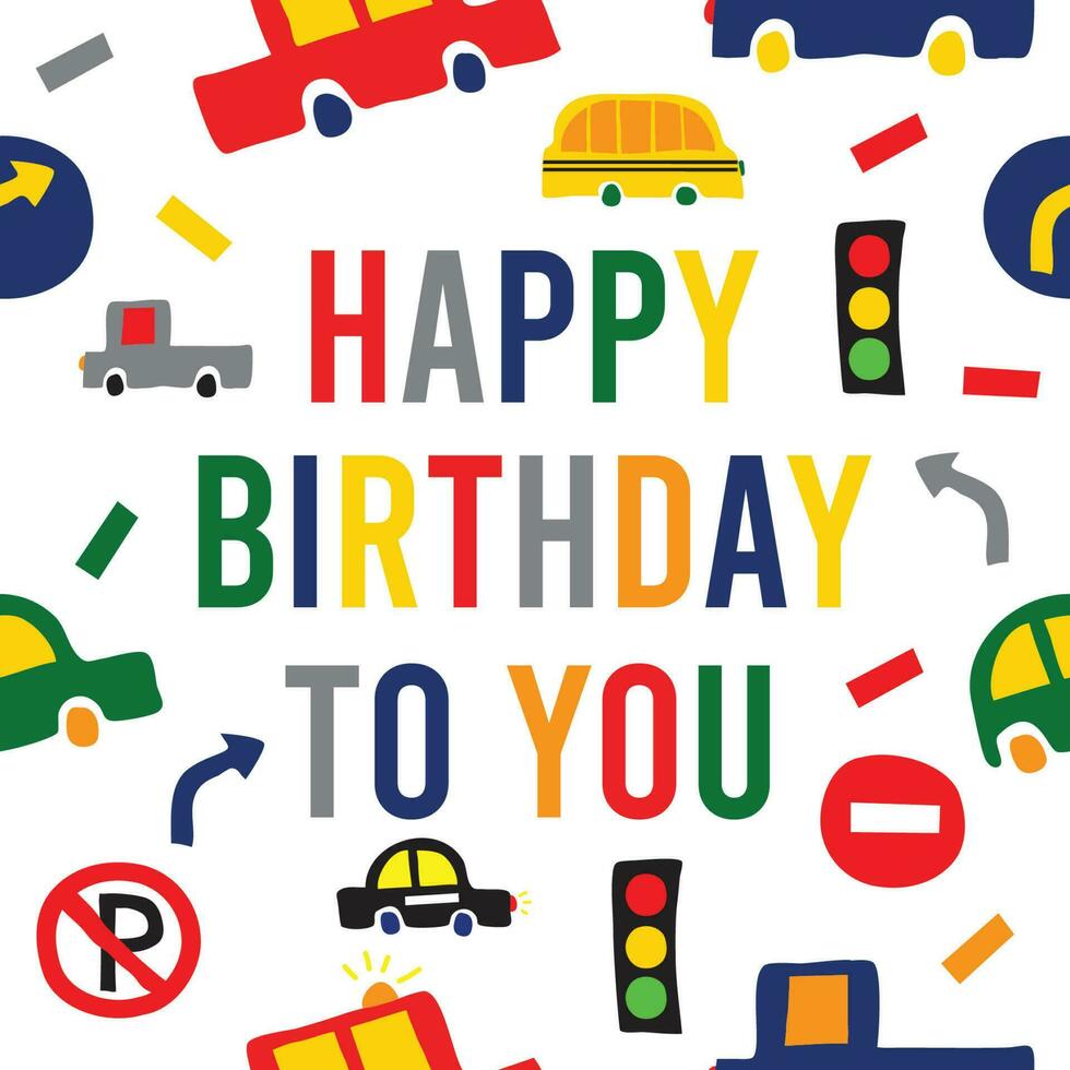 gelukkig verjaardag tekst met auto's en verkeer tekens voor partij uitnodiging en ieder decoratie vector