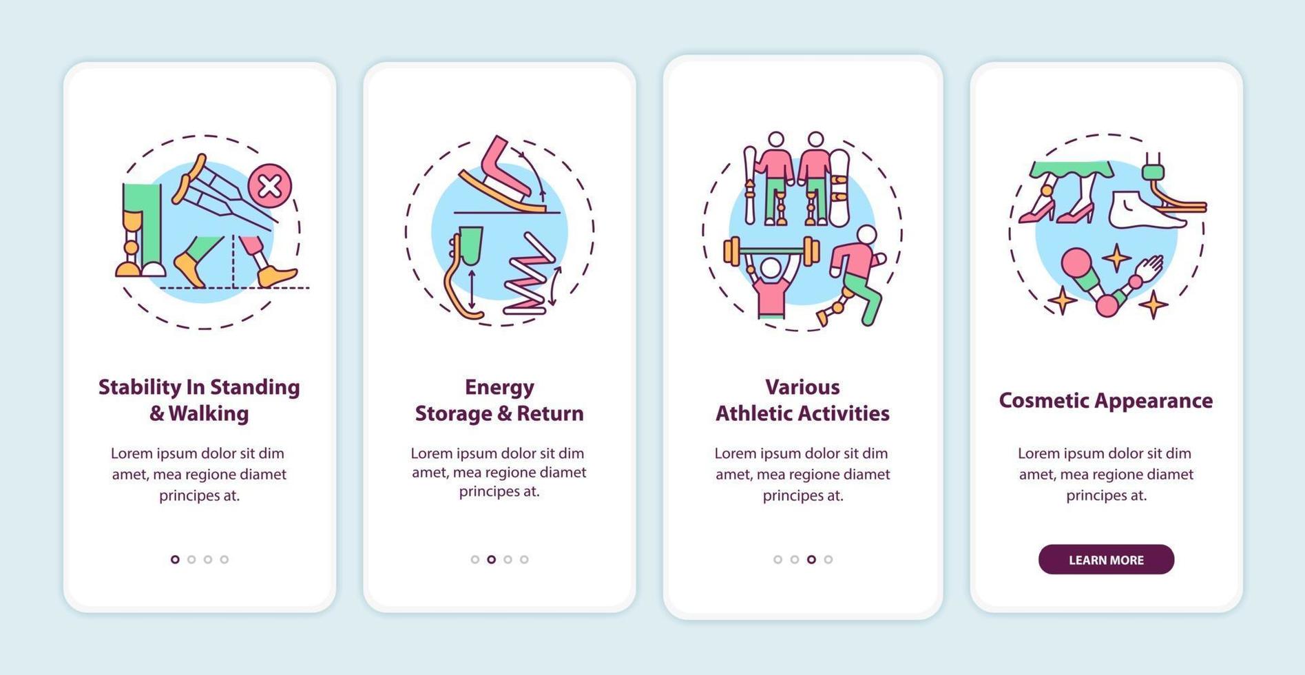 onderste ledematen prothesen taken onboarding mobiele app pagina scherm met concepten vector