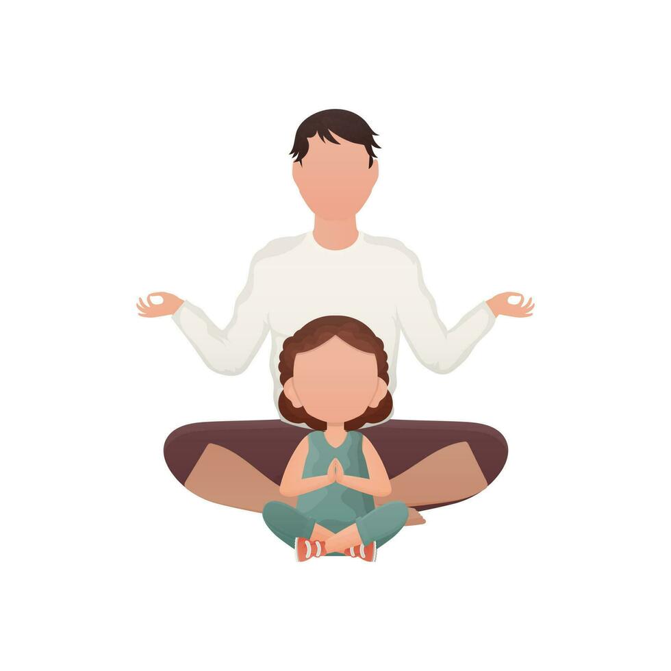 vader en weinig dochter zijn zittend en aan het doen yoga. geïsoleerd. tekenfilm stijl. vector