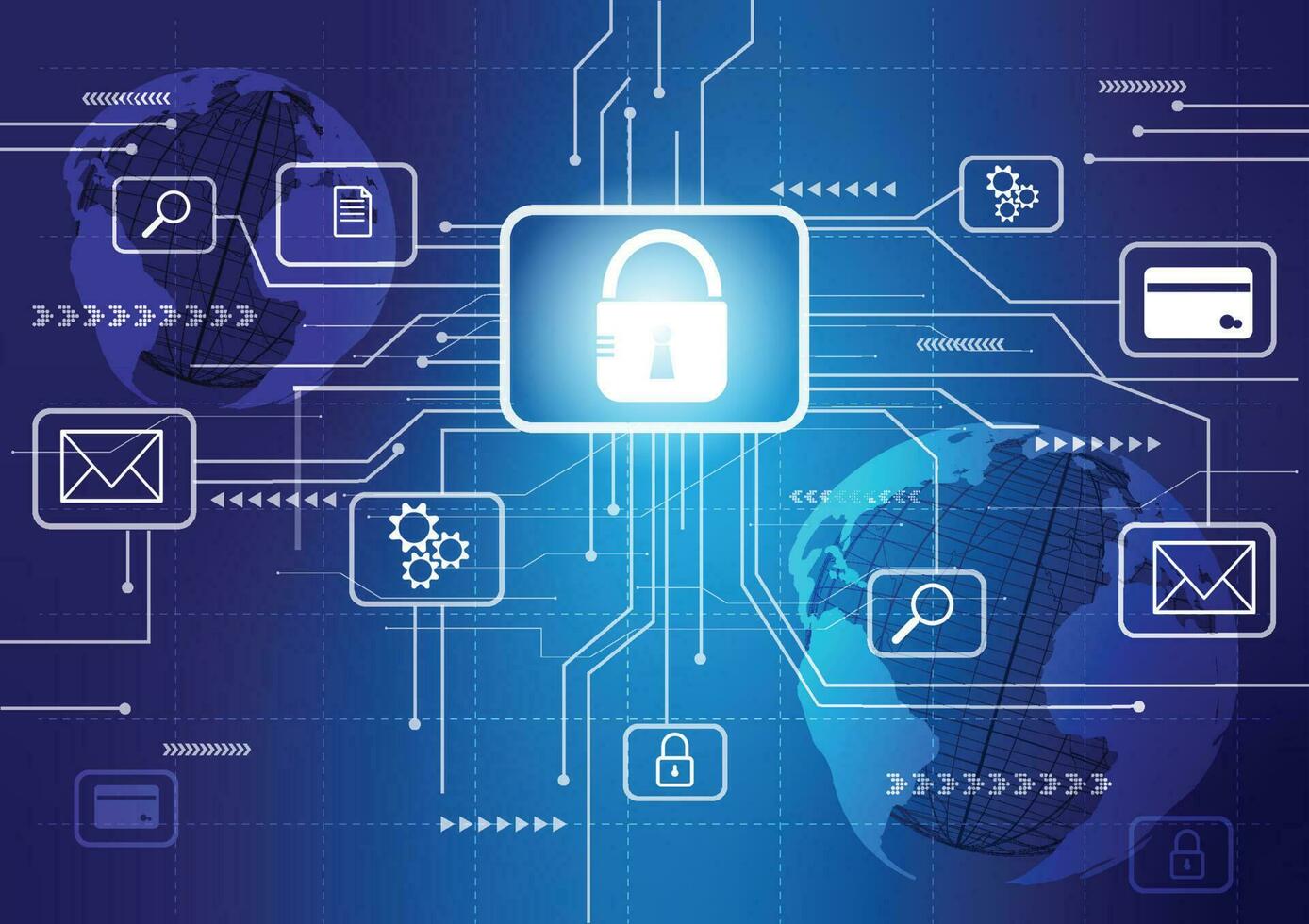cyberveiligheid en privacy concepten naar beschermen gegevens. slot icoon en internet netwerk veiligheid technologie. blauw helling achtergrond gebruik voor uw ontwerp. vector illustratie.