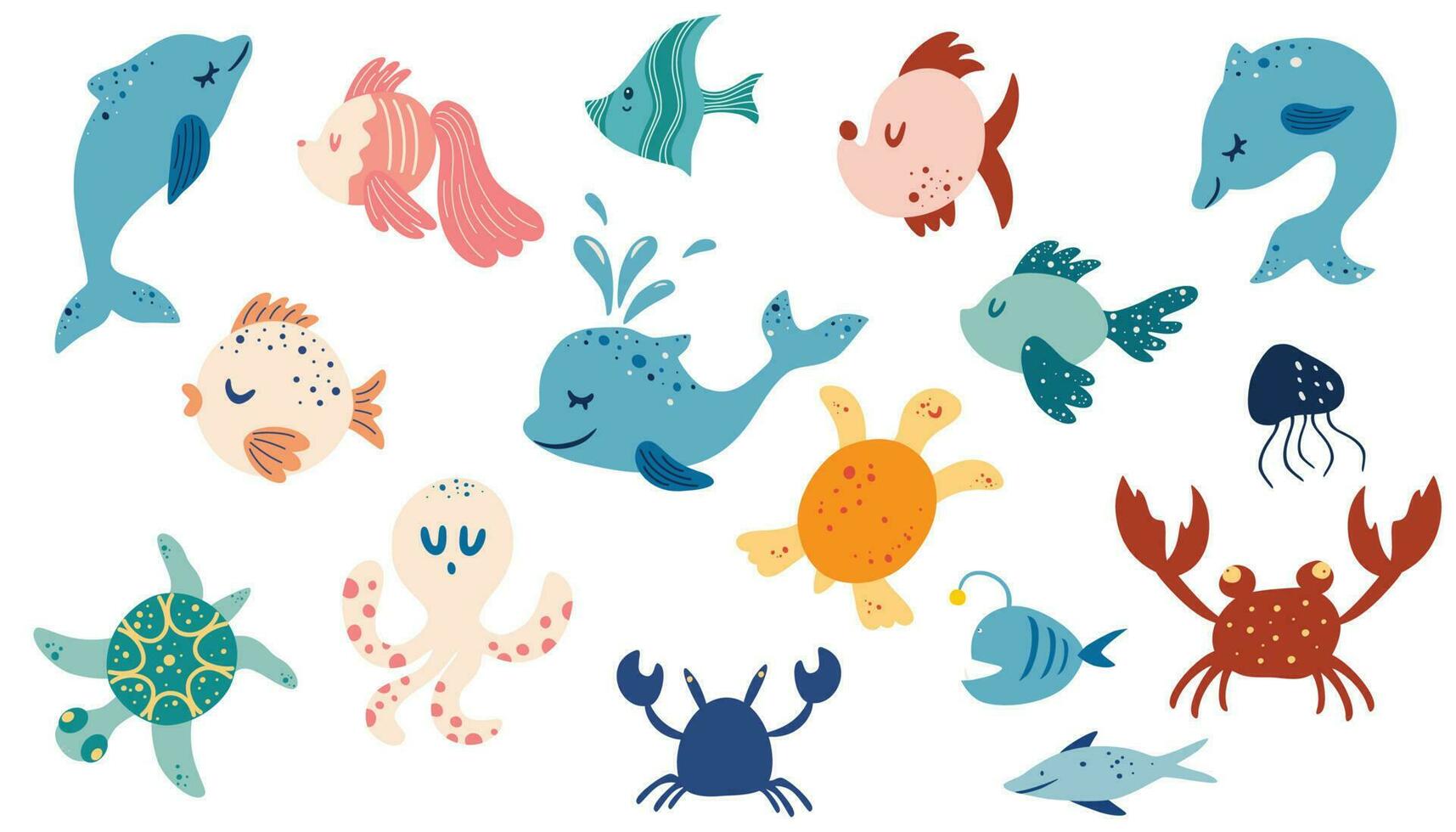 schattig onderwater- dieren. vis, zee schildpad, Octopus, rivierkreeft, krab, dolfijn, kwallen. zee leven elementen. vector tekening tekenfilm reeks van marinier leven voorwerpen voor uw ontwerp.