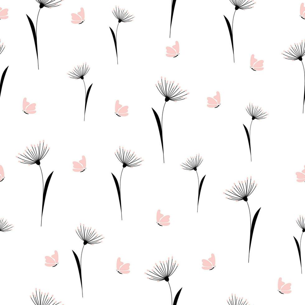 naadloos patroon met bloemen en roze vlinder vector