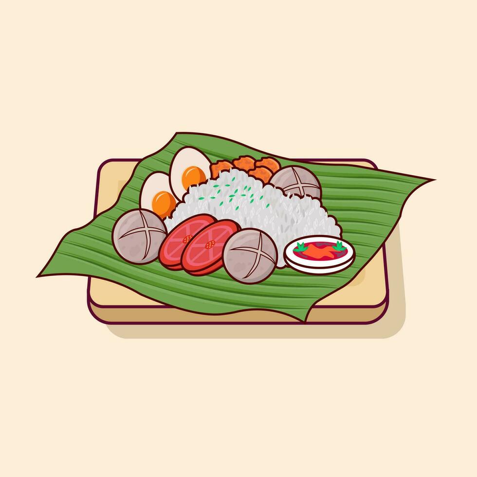 nasi Lemak vector detail, met tofu, gebakken kip en Chili Indonesisch voedsel icoon