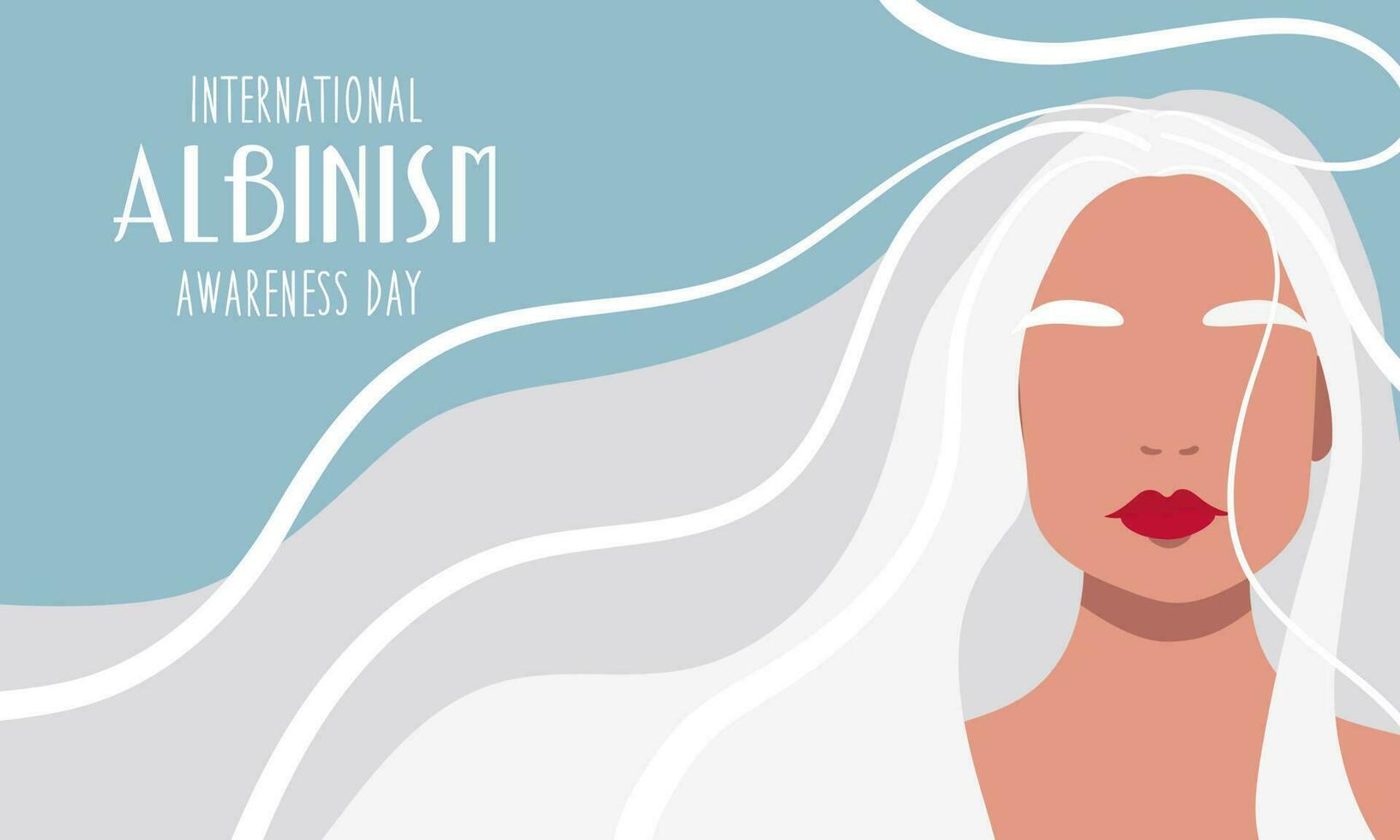 juni 13 is de Internationale albinisme bewustzijn dag. een albino vrouw met lang haar- Aan een blauw achtergrond. telefoontje voor solidariteit met mensen lijden van albinisme. menselijk rechten gestileerde vector grafiek