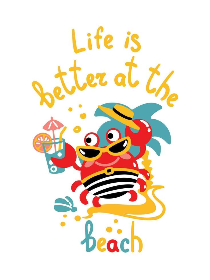 grappig krab in gestreept zwemmen boomstammen is resting Aan de strand. zomer illustratie. vector. vector