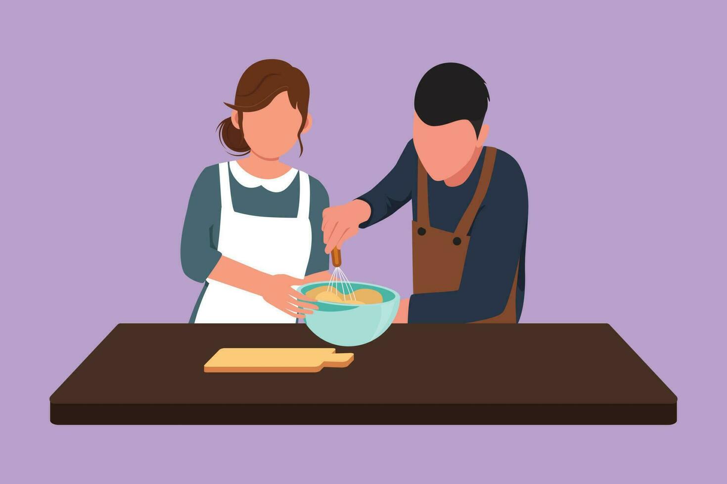 karakter vlak tekening van gelukkig romantisch paar kneden taart deeg gebruik makend van handleiding hand- mixer. genieten van kneden taart deeg samen Bij huis. Mens en vrouw Koken brood. tekenfilm ontwerp vector illustratie