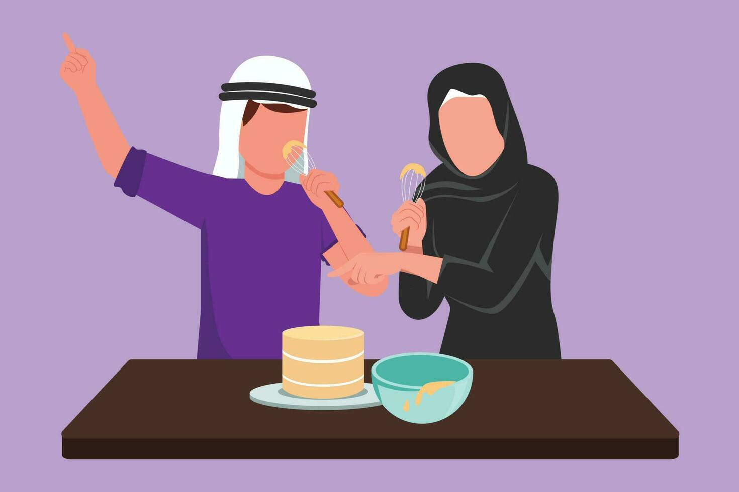 grafisch vlak ontwerp tekening romantisch Arabisch paar het zingen terwijl Koken zoet taart samen, gebruik makend van spatel net zo microfoons. vrolijk Mens en vrouw werken Bij keuken. tekenfilm stijl vector illustratie