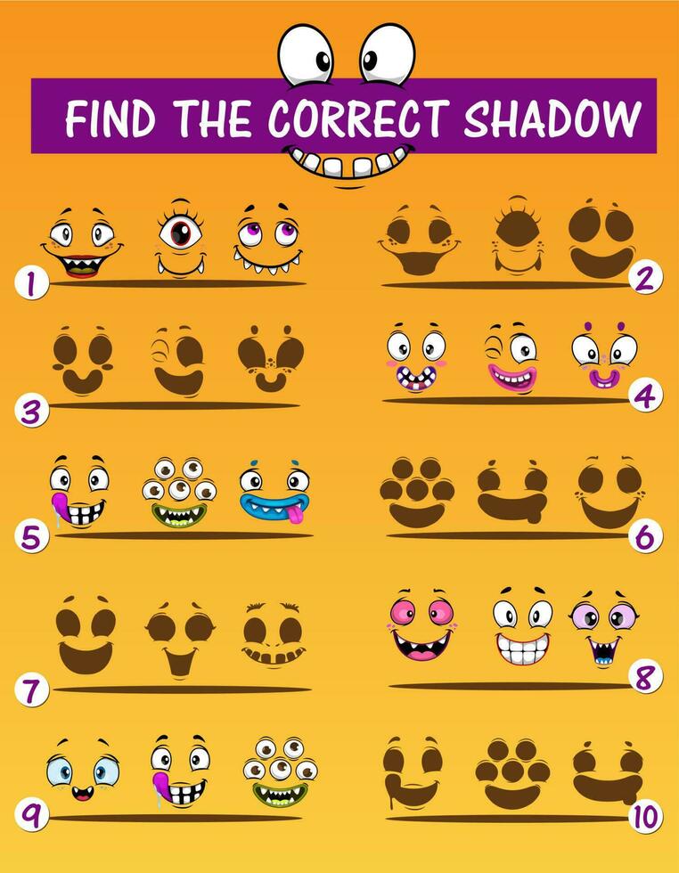 schaduw bij elkaar passen kinderen spel, monster emoticons vector