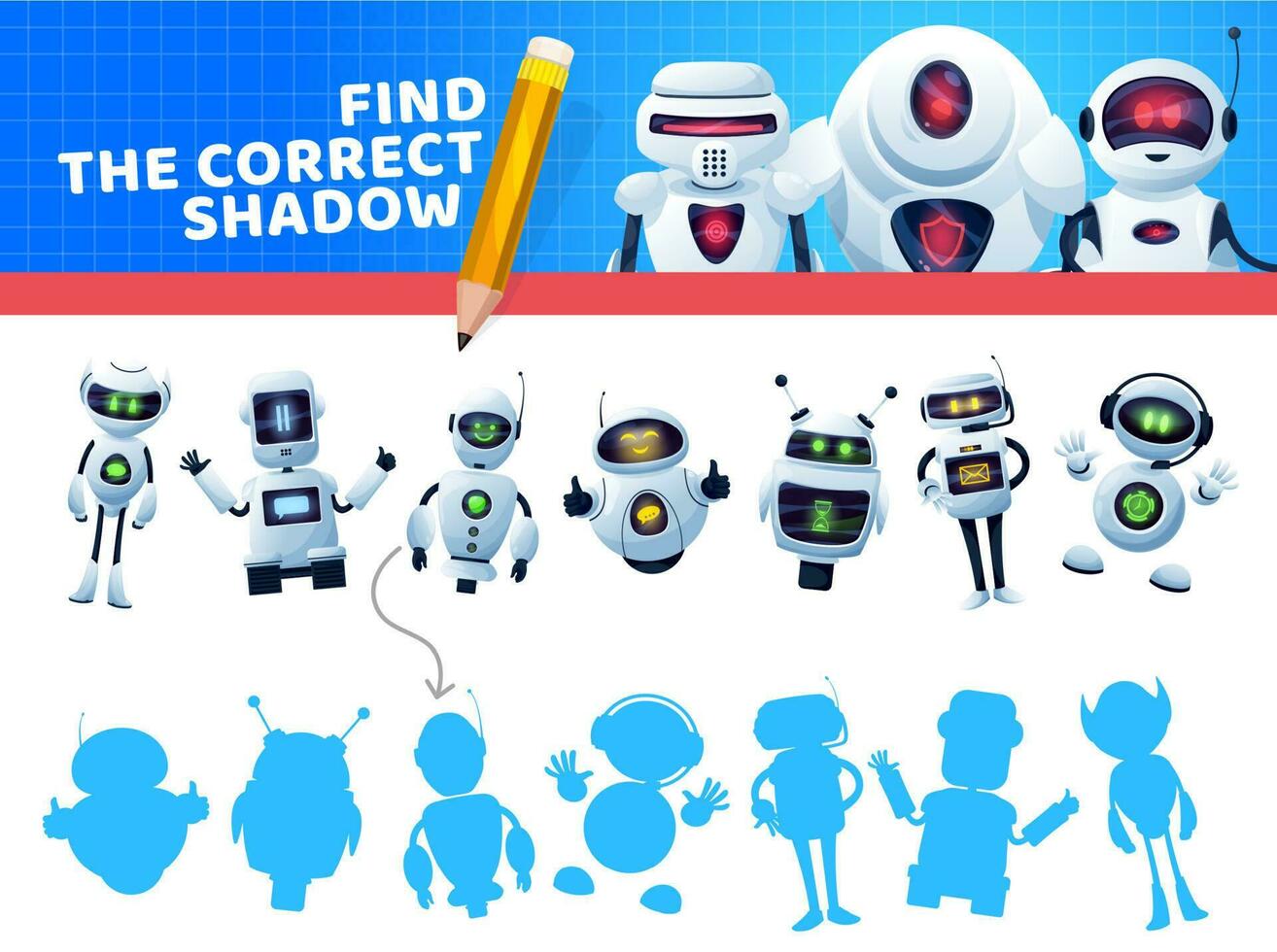 vind een correct robot schaduw, kinderen spel of puzzel vector