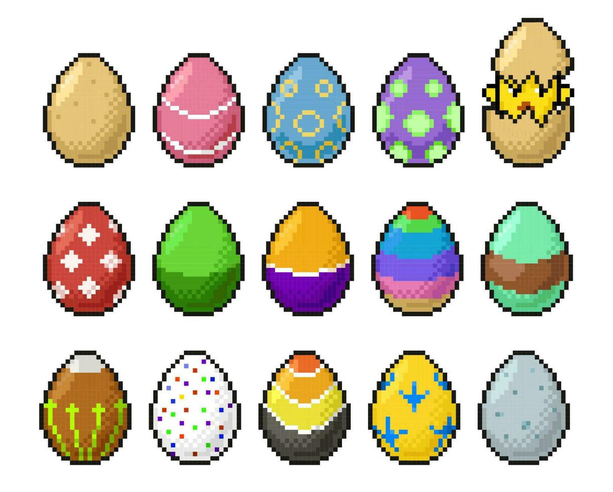 8 bit pixel kunst gelukkig Pasen eieren en kip pictogrammen vector