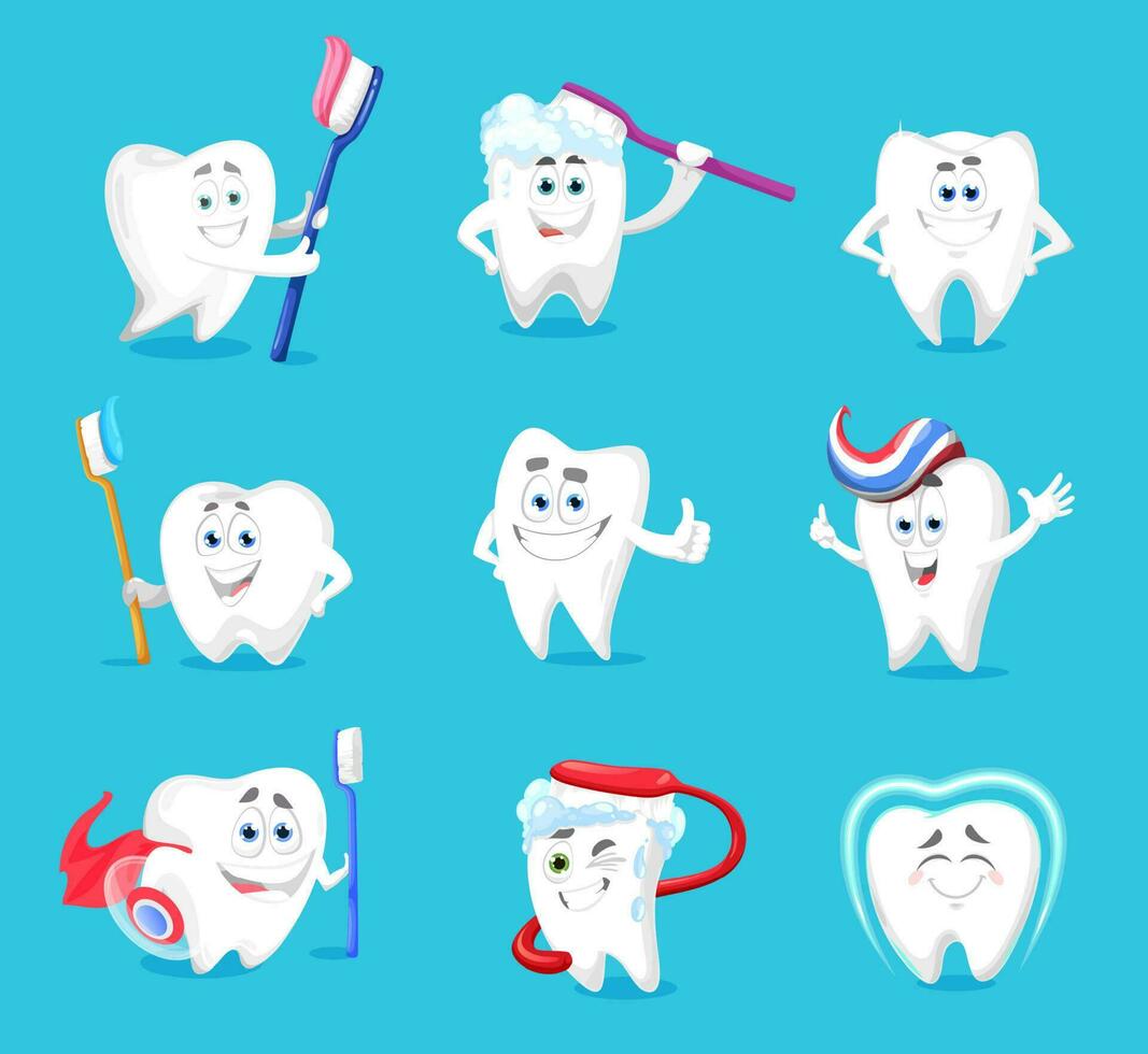 tandheelkundig hygiëne, tanden of tand tekenfilm tekens vector