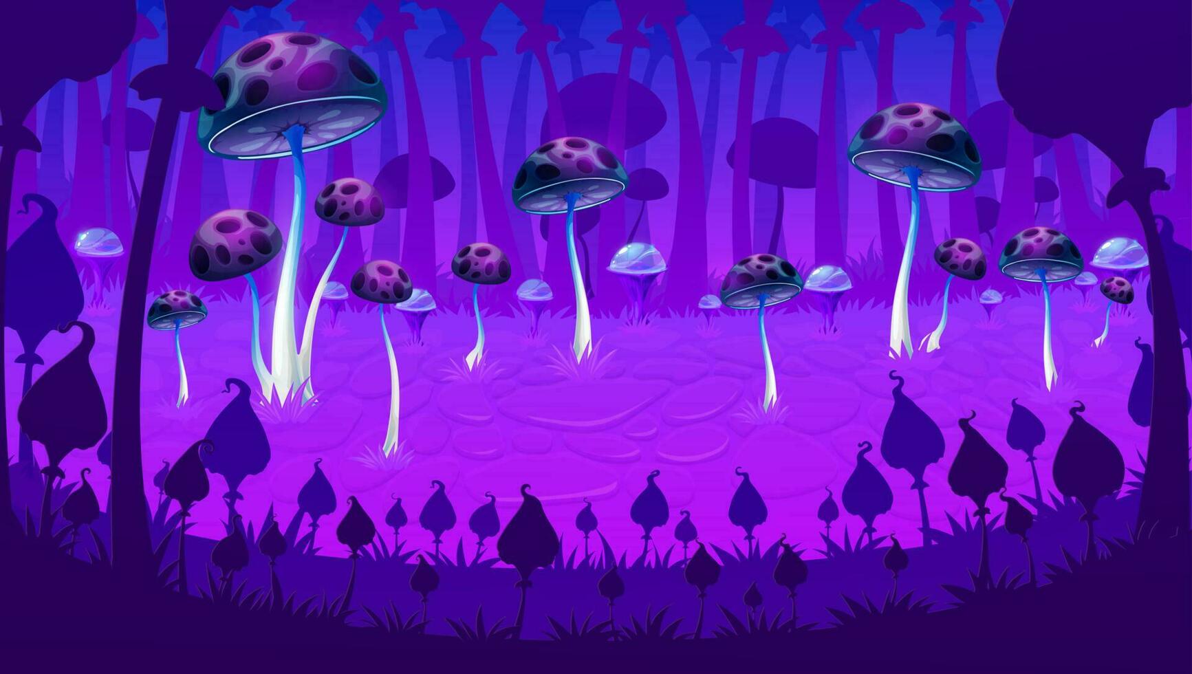 Purper lichtgevend champignons spel niveau landschap vector