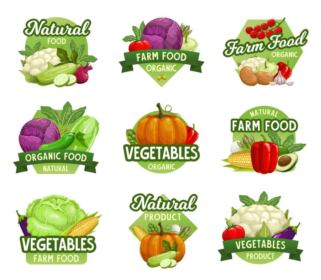 groenten pictogrammen, boerderij markt voedsel groenten vector