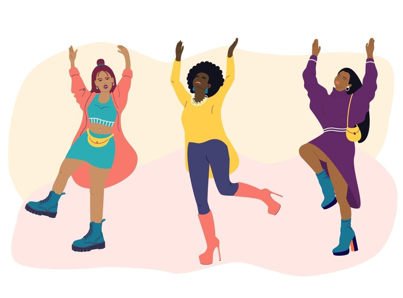 jonge vrouwen van verschillende nationaliteiten dansen. meisjes in modieuze kleding hebben plezier op een feestje. cartoon platte vectorillustratie. internationale vrouwendag vector