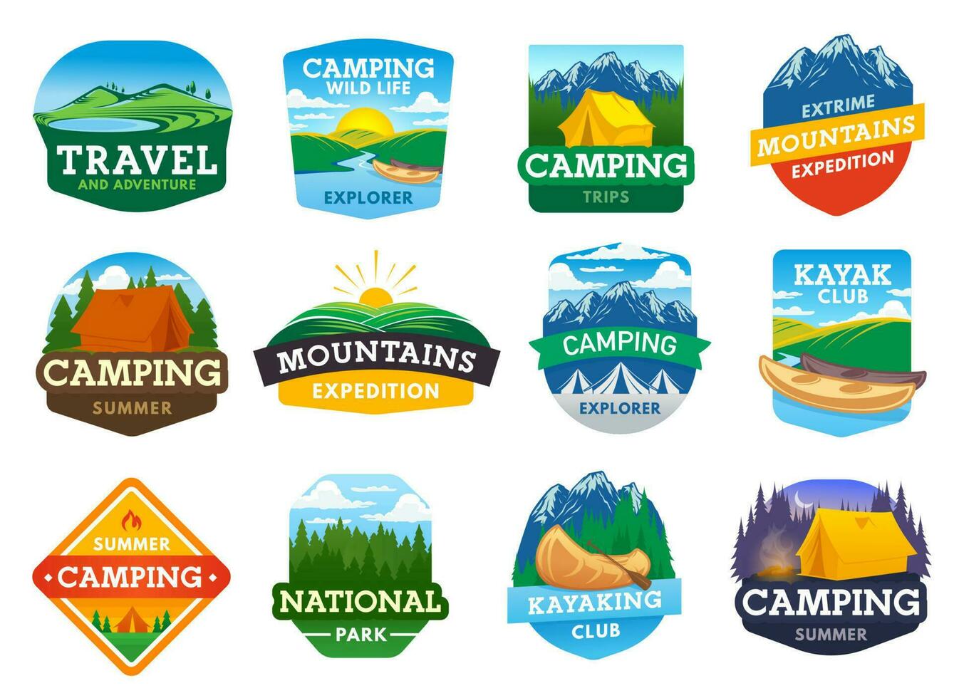 camping, wandelen en reizen pictogrammen vector