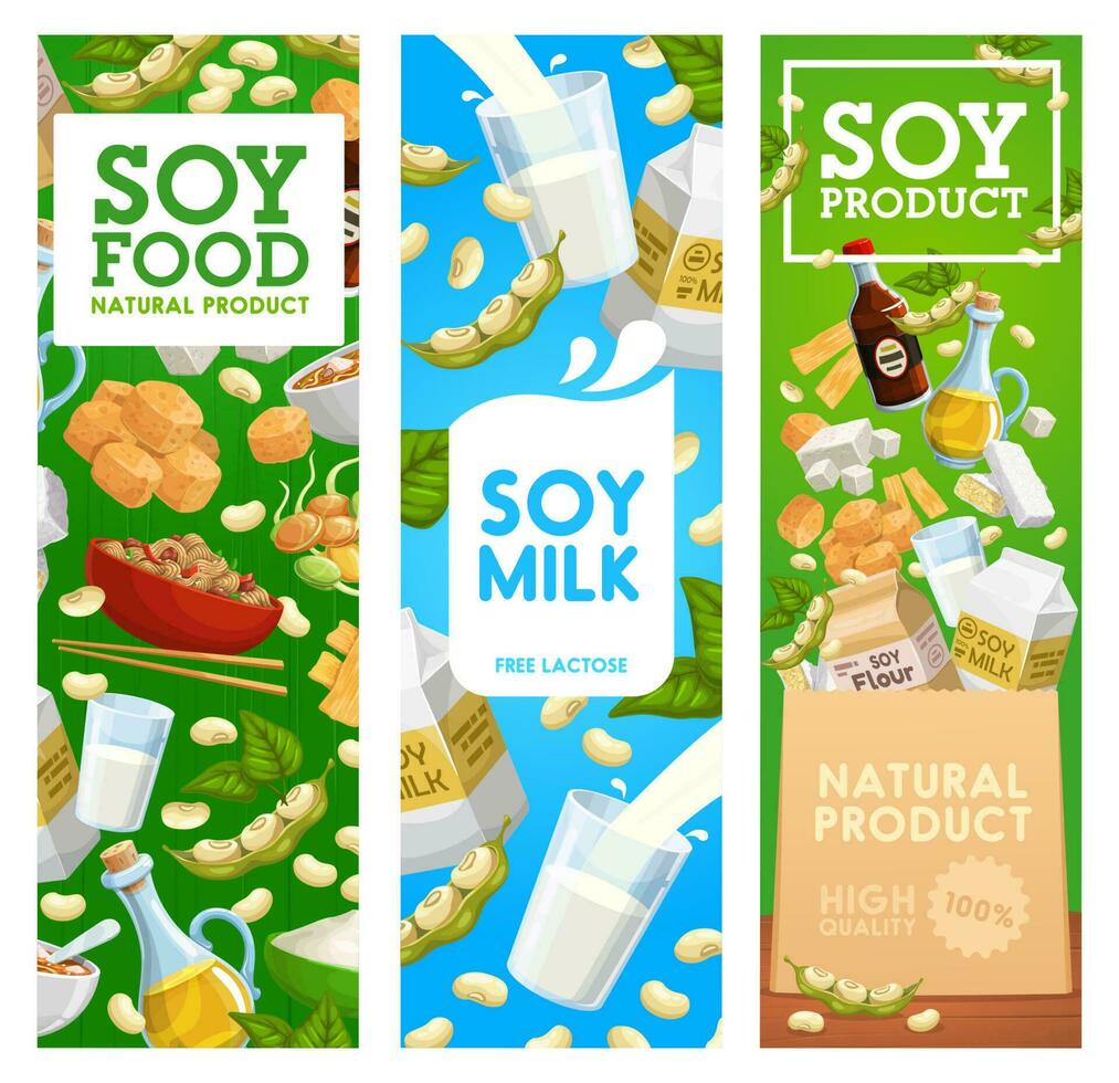 soja bonen, melk en olie, soja saus, miso, tofu vector