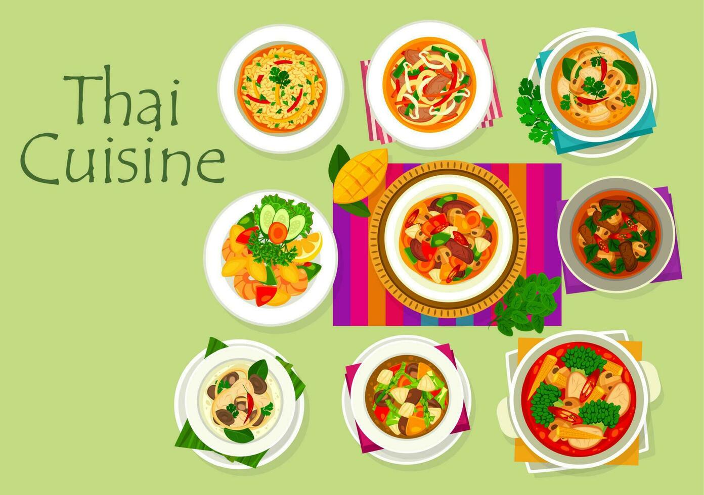 Thais keuken voedsel, Aziatisch borden, groenten, vlees vector