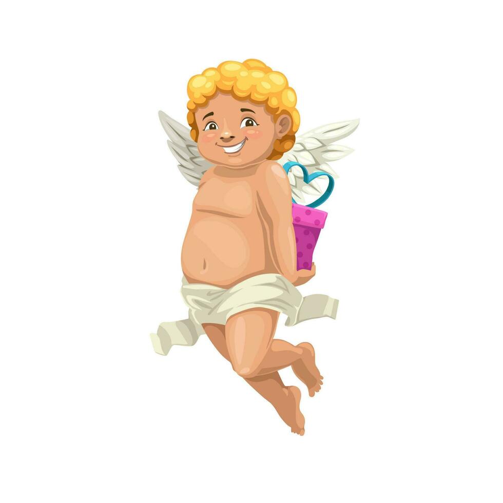Cupido of amur engel met verrassing geschenk doos vector
