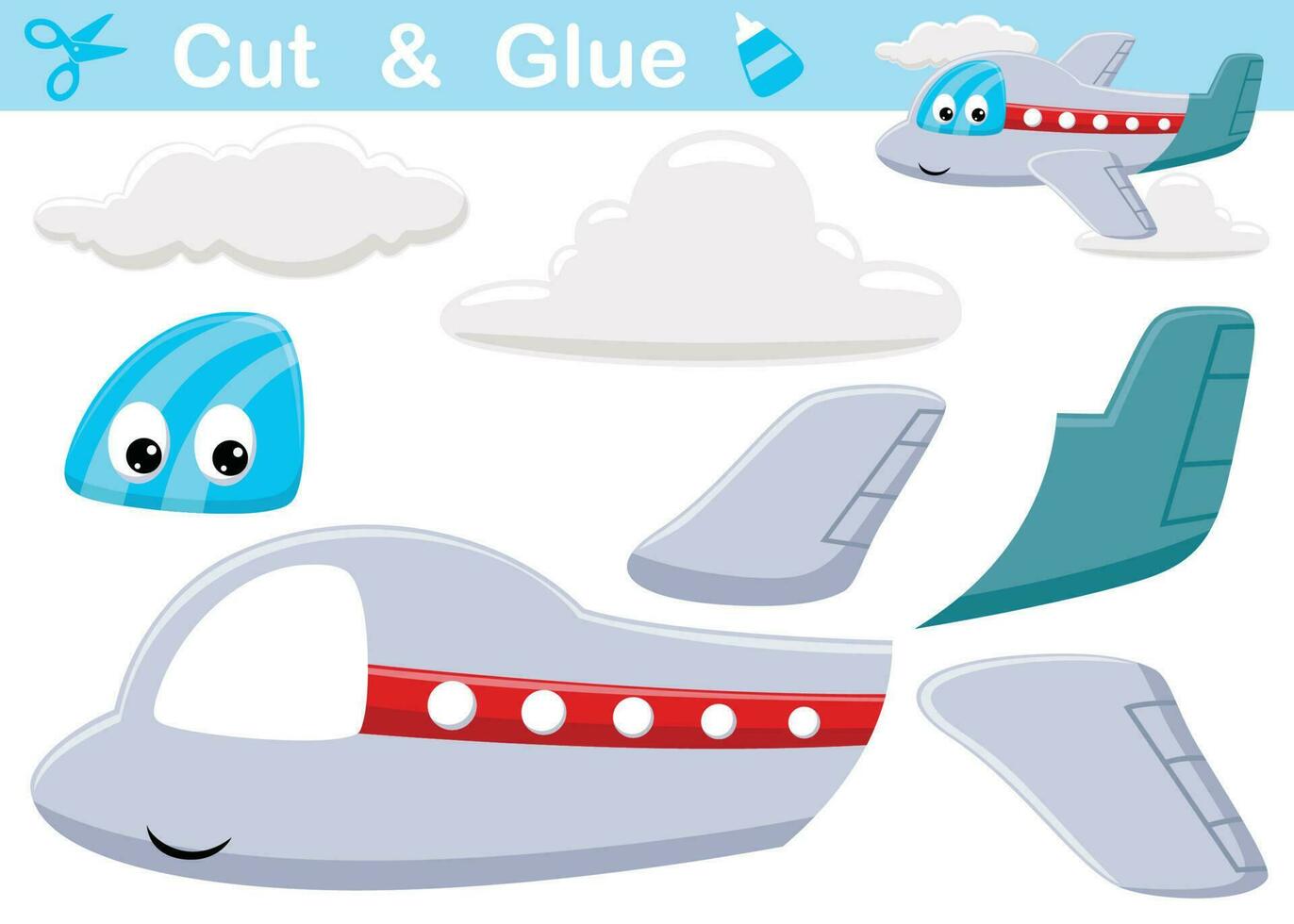 grappig vliegtuig met wolken. onderwijs papier spel voor kinderen. uitknippen en lijmen. vector tekenfilm illustratie
