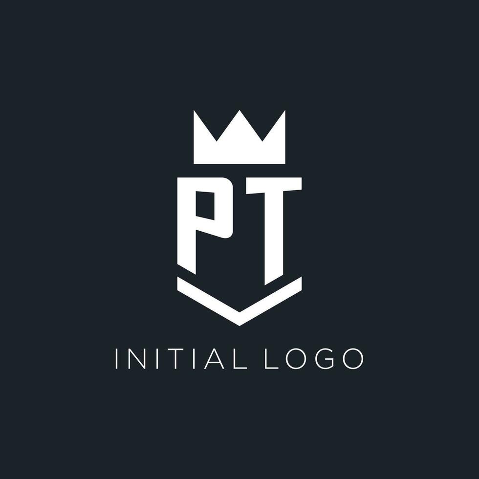 pt logo met schild en kroon, eerste monogram logo ontwerp vector