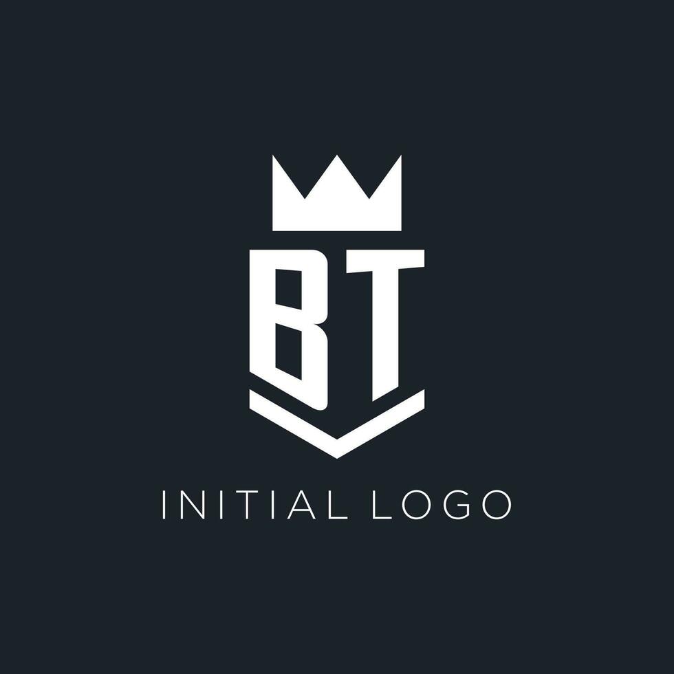 bt logo met schild en kroon, eerste monogram logo ontwerp vector