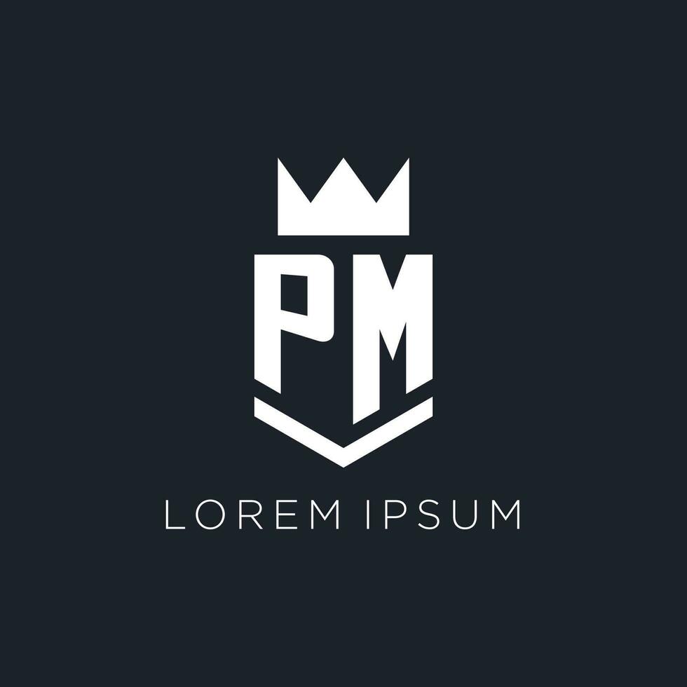 p.m logo met schild en kroon, eerste monogram logo ontwerp vector