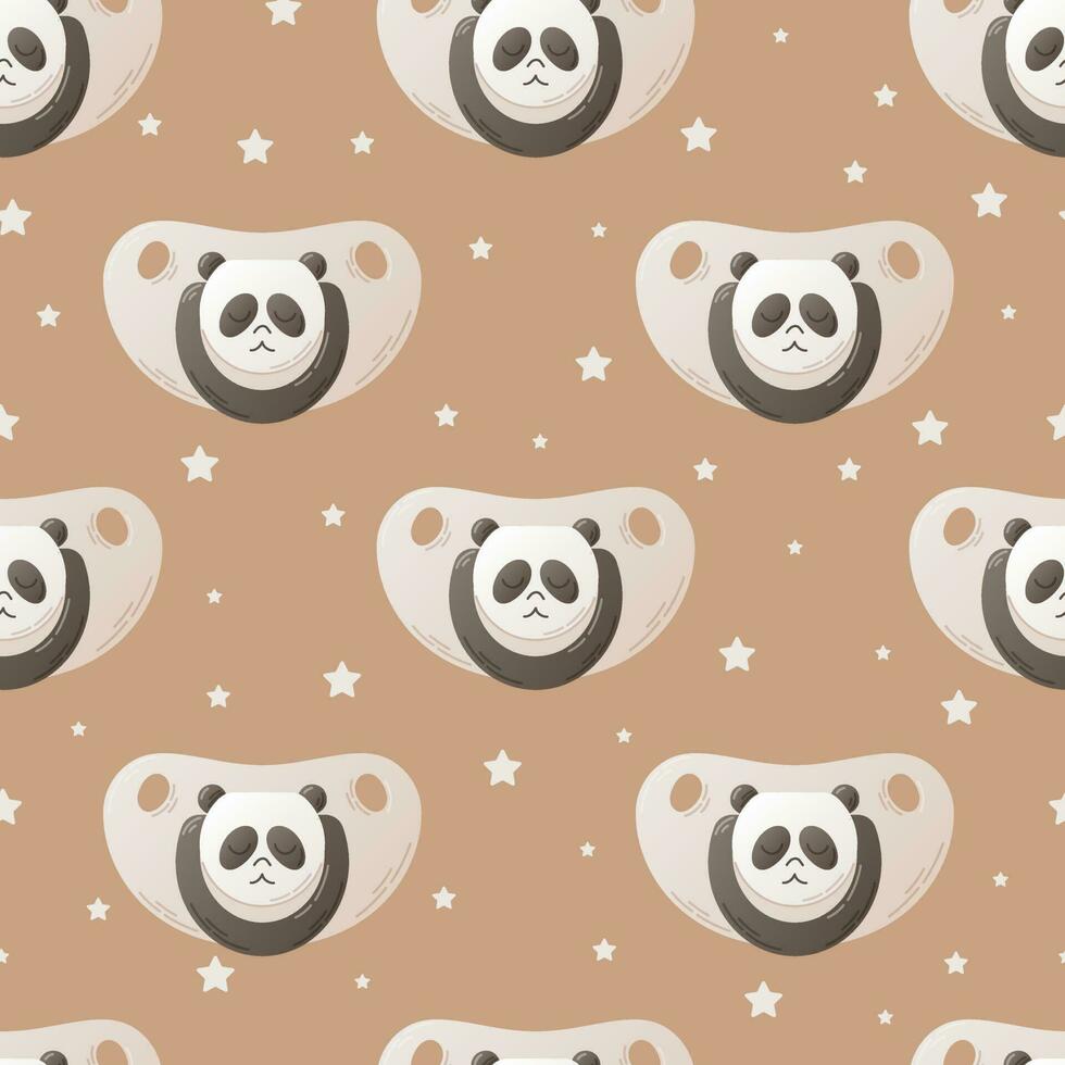 baby fopspeen met de beeld van een schattig panda beer, vlak stijl. vector naadloos tekenfilm patroon.