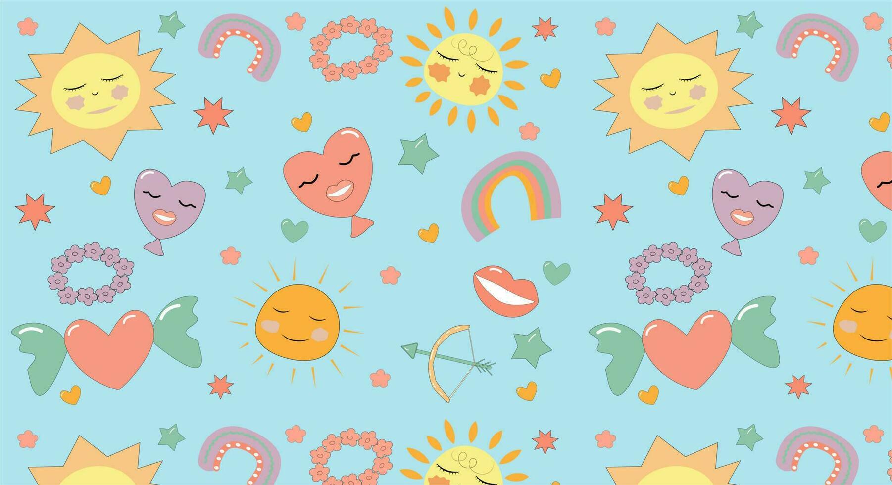 naadloos patroon vector achtergrond zon, hart, sterren, bloemen, lippen, romantiek, valentijn, kinderachtig. eps10 vector