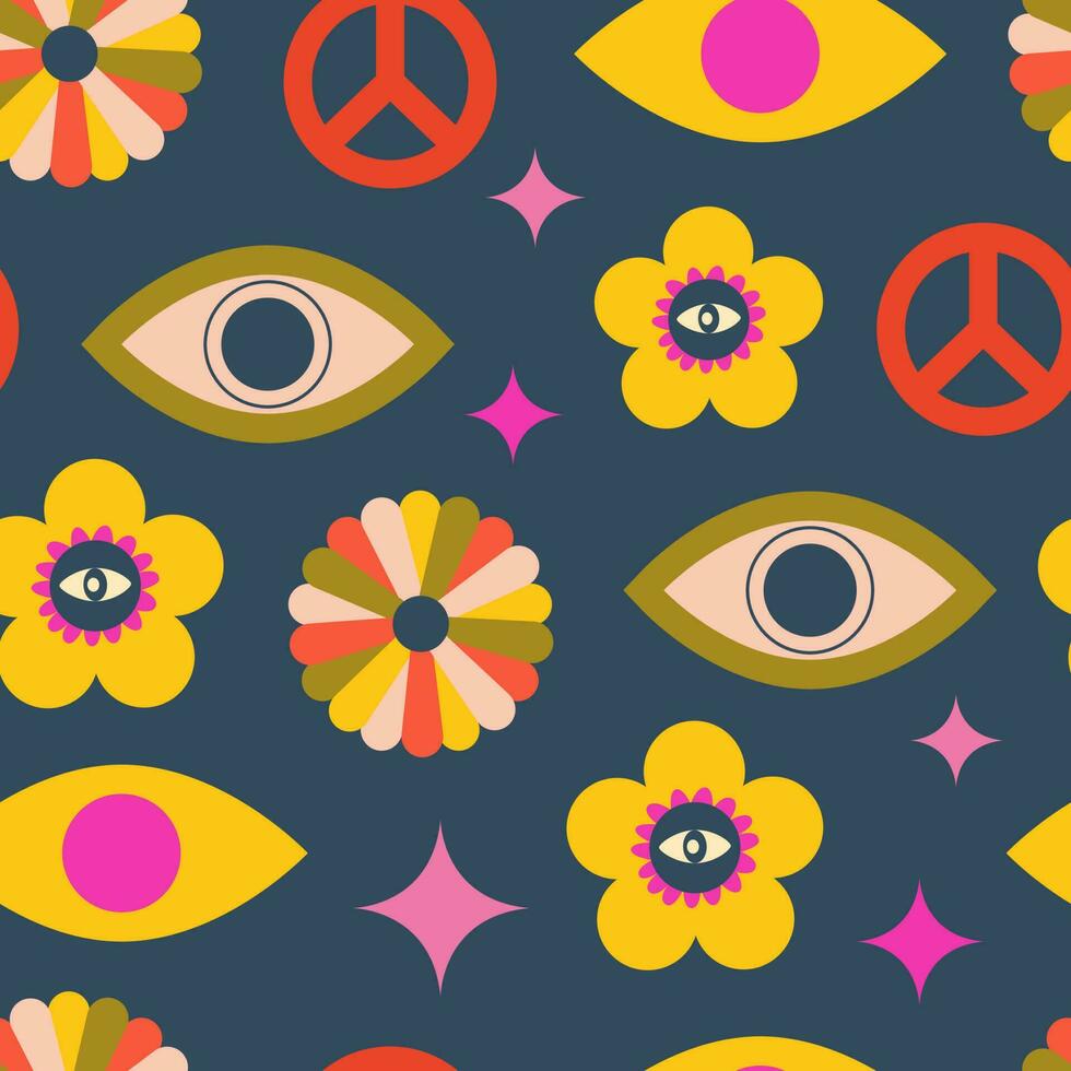 jaren 70 retro groovy hippie naadloos patroon. kleurrijk bloemen, magie ogen, teken vrede, y2k, 1970 mooi zo gevoel, trippy. nostalgisch achtergrond, digitaal papier. vector illustratie.