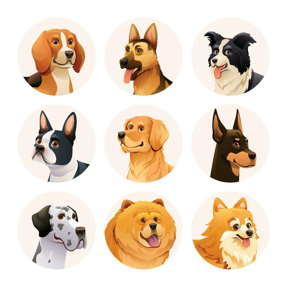 hond avatar karakter set. verzameling van verschillend hond rassen tekenfilm illustratie vector