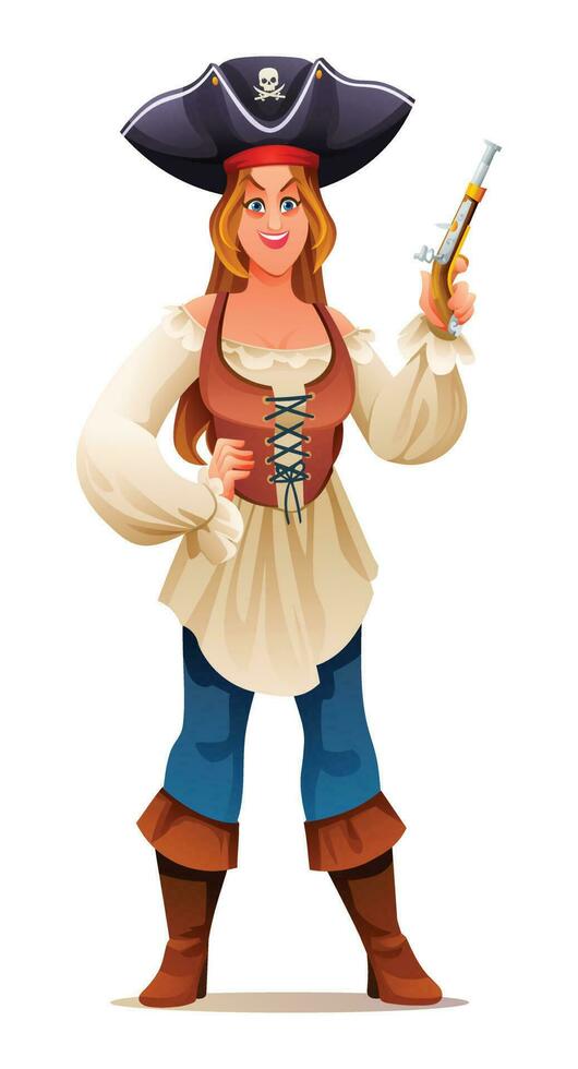 tekenfilm vrouw piraat Holding een pistool. karakter ontwerp illustratie vector