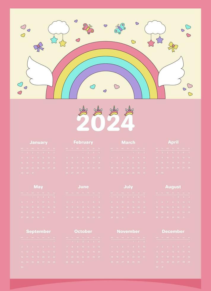 kalender 2024 roze voor een kind met elementen van eenhoorn, regenboog, Vleugels, wolken, vlinders, bogen, harten. vector