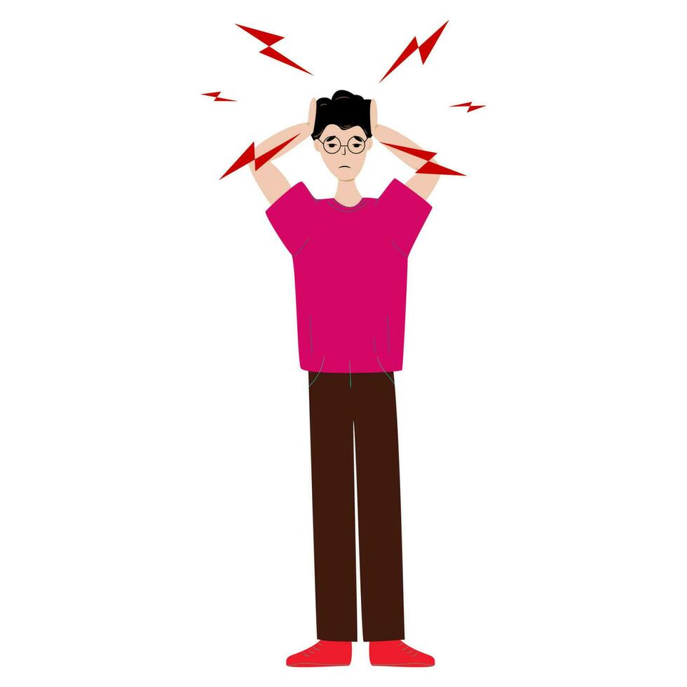 Aziatisch Mens hebben hoofdpijn en migraine. symptomen van een virale ziekte.respiratoir ziekte, virus preventie. geïsoleerd. vector illustratie.