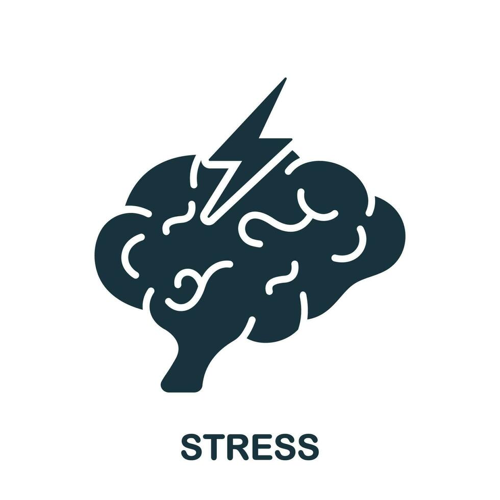 spanning, mentaal probleem silhouet icoon. migraine, cephalalgie, depressie glyph pictogram. menselijk hersenen met bliksem hoofdpijn solide teken. ongerustheid en spanning symbool. geïsoleerd vector illustratie.