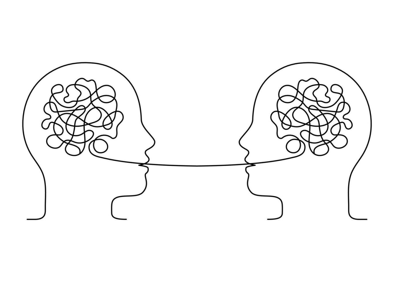 mensen praten, wirwar toespraak, gesprek met ophoping, schets. creatief denken brein. psychotherapie communicatie. gesprek twee persoon, dialoog spreken. vector lijn