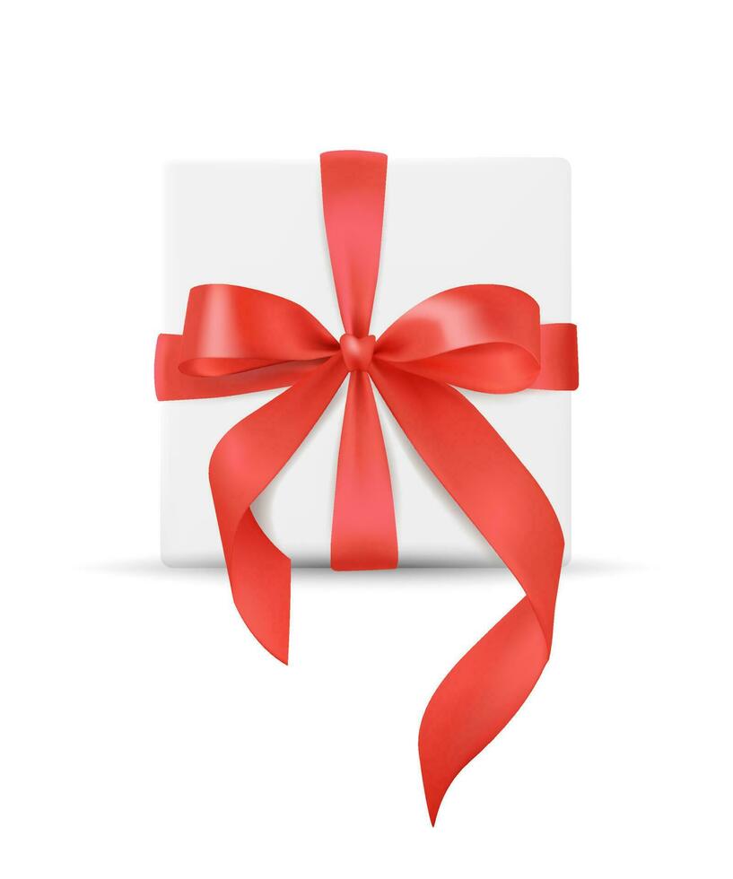 minimalistische 3d vector illustratie van elegant geschenk doos met zijde rood lint boog. realistisch ontwerp element Aan wit achtergrond voor feesten, bruiloften, en jubilea.