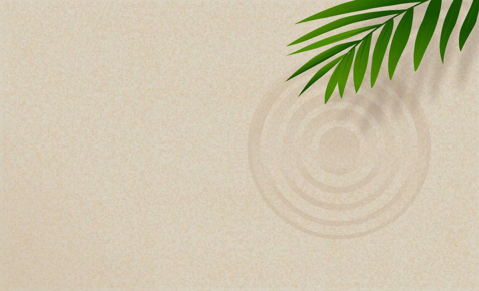 zen zand patroon met palm bladeren, zen tuin met cirkels lijnen geharkt Aan glad zanderig oppervlakte achtergrond, harmonie, meditatie, zen Leuk vinden concept, zand strand structuur met gemakkelijk geestelijk in zomer strand vector