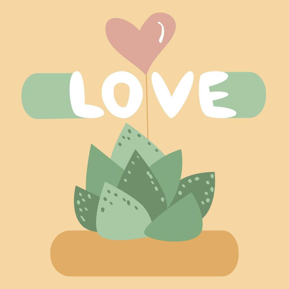 schattig sappig met hart Aan stok en liefde belettering zin. vector illustratie. hand- getrokken nationaal tuinieren dag concept. perfect voor groet kaarten, planten fans en amateurs. vector illustratie.